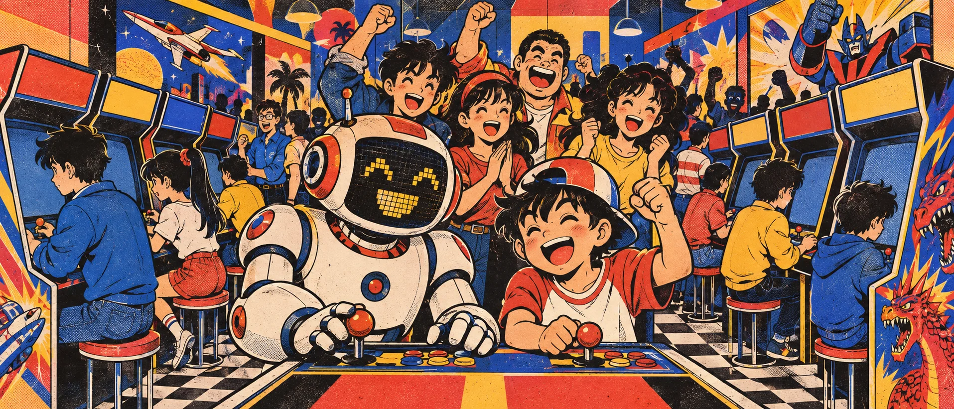 An illustrated arcade hall: a friendly android plays side by side with a kid while a crowd cheers